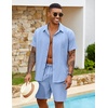 COOFANDY Men’s 2 Piece Outfits Cuban Guayabera Shirts and Shorts Summer Set(Light Blue)