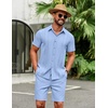 COOFANDY Men’s 2 Piece Outfits Cuban Guayabera Shirts and Shorts Summer Set(Light Blue)