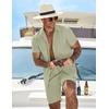 COOFANDY Men’s 2 Piece Outfits Cuban Guayabera Shirts and Shorts Summer Set(Light Green)