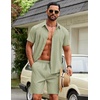 COOFANDY Men’s 2 Piece Outfits Cuban Guayabera Shirts and Shorts Summer Set(Light Green)