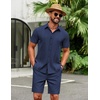 COOFANDY Men’s 2 Piece Outfits Cuban Guayabera Shirts and Shorts Summer Set(Navy Blue)