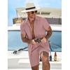 COOFANDY Men’s 2 Piece Outfits Cuban Guayabera Shirts and Shorts Summer Set(Pink)