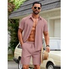 COOFANDY Men’s 2 Piece Outfits Cuban Guayabera Shirts and Shorts Summer Set(Pink)