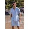 COOFANDY Mens 2 Piece Short Set Guayabera Button Down Shirt Casual Outfits(Light Blue)