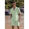 COOFANDY Mens 2 Piece Short Set Guayabera Button Down Shirt Casual Outfits(Light Green)
