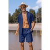 COOFANDY Mens 2 Piece Short Set Guayabera Button Down Shirt Casual Outfits(Navy Blue)