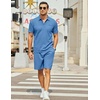 COOFANDY Men’s 2 Pieces Outfits Waffle Knit Polo Shirt and Shorts Set(Blue-1)