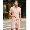 COOFANDY Men’s 2 Pieces Outfits Waffle Knit Polo Shirt and Shorts Set(Light Pink)
