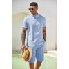 COOFANDY Men’s 2 Pieces Set Short Sleeve Henley Shirts and Shorts Set Texture Summer Beach Vacation Outfits(A-flecking Blue)
