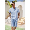 COOFANDY Men’s 2 Pieces Set Short Sleeve Henley Shirts and Shorts Set Texture Summer Beach Vacation Outfits(A-flecking Blue)