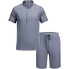 COOFANDY Men’s 2 Pieces Set Short Sleeve Henley Shirts and Shorts Set Texture Summer Beach Vacation Outfits(Flecking Navy Blue)