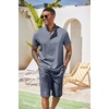 COOFANDY Men’s 2 Pieces Set Short Sleeve Henley Shirts and Shorts Set Texture Summer Beach Vacation Outfits(Flecking Navy Blue)