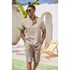 COOFANDY Men’s 2 Pieces Set Short Sleeve Henley Shirts and Shorts Set Texture Summer Beach Vacation Outfits(Khaki)