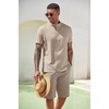 COOFANDY Men’s 2 Pieces Set Short Sleeve Henley Shirts and Shorts Set Texture Summer Beach Vacation Outfits(Khaki)