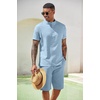 COOFANDY Men’s 2 Pieces Set Short Sleeve Henley Shirts and Shorts Set Texture Summer Beach Vacation Outfits(Light Blue)