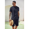COOFANDY Men’s 2 Pieces Set Short Sleeve Henley Shirts and Shorts Set Texture Summer Beach Vacation Outfits(Navy Blue)