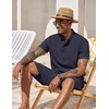 COOFANDY Men’s 2 Pieces Set Short Sleeve Henley Shirts and Shorts Set Texture Summer Beach Vacation Outfits(Navy Blue)