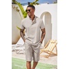 COOFANDY Men’s 2 Pieces Set Short Sleeve Henley Shirts and Shorts Set Texture Summer Beach Vacation Outfits(Stone)