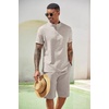 COOFANDY Men’s 2 Pieces Set Short Sleeve Henley Shirts and Shorts Set Texture Summer Beach Vacation Outfits(Stone)