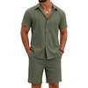 COOFANDY Men’s 2 Piece Outfits Cuban Guayabera Shirts and Shorts Summer Set(Army Green)
