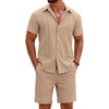 COOFANDY Men’s 2 Piece Outfits Cuban Guayabera Shirts and Shorts Summer Set(Khaki)