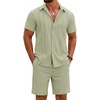 COOFANDY Men’s 2 Piece Outfits Cuban Guayabera Shirts and Shorts Summer Set(Light Green)