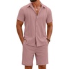 COOFANDY Men’s 2 Piece Outfits Cuban Guayabera Shirts and Shorts Summer Set(Pink)