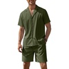 COOFANDY Mens 2 Piece Short Set Guayabera Button Down Shirt Casual Outfits(Army Green)