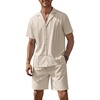 COOFANDY Mens 2 Piece Short Set Guayabera Button Down Shirt Casual Outfits(Beige)