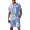 COOFANDY Mens 2 Piece Short Set Guayabera Button Down Shirt Casual Outfits(Light Blue)