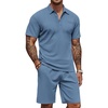 COOFANDY Men’s 2 Pieces Outfits Waffle Knit Polo Shirt and Shorts Set(Blue)