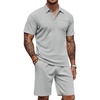 COOFANDY Men’s 2 Pieces Outfits Waffle Knit Polo Shirt and Shorts Set(Light Grey)