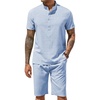 COOFANDY Men’s 2 Pieces Set Short Sleeve Henley Shirts and Shorts Set Texture Summer Beach Vacation Outfits(A-flecking Blue)