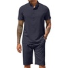 COOFANDY Men’s 2 Pieces Set Short Sleeve Henley Shirts and Shorts Set Texture Summer Beach Vacation Outfits(Navy Blue)