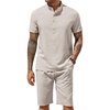 COOFANDY Men’s 2 Pieces Set Short Sleeve Henley Shirts and Shorts Set Texture Summer Beach Vacation Outfits(Stone)