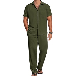 COOFANDY Men’s 2 Piece Casual Beach Set Button Down Shirt and Loose Pants(Army Green)