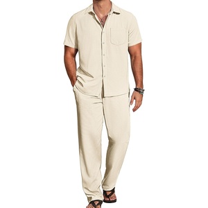 COOFANDY Men’s 2 Piece Casual Beach Set Button Down Shirt and Loose Pants(Beige)