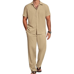 COOFANDY Men’s 2 Piece Casual Beach Set Button Down Shirt and Loose Pants(Khaki)