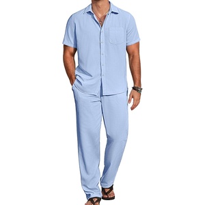 COOFANDY Men’s 2 Piece Casual Beach Set Button Down Shirt and Loose Pants(Light Blue)