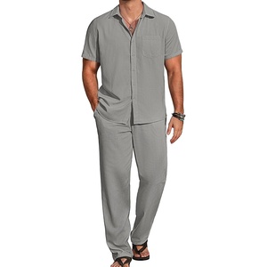 COOFANDY Men’s 2 Piece Casual Beach Set Button Down Shirt and Loose Pants(Light Grey)