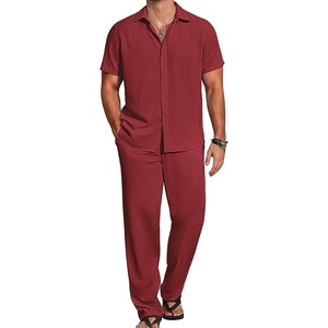 COOFANDY Men’s 2 Piece Casual Beach Set Button Down Shirt and Loose Pants(Wine Red)