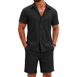 COOFANDY Men’s 2 Piece Outfits Cuban Guayabera Shirts and Shorts Summer Set(Black)