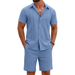 COOFANDY Men’s 2 Piece Outfits Cuban Guayabera Shirts and Shorts Summer Set(Denim Blue)