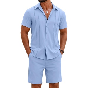 COOFANDY Men’s 2 Piece Outfits Cuban Guayabera Shirts and Shorts Summer Set(Light Blue)