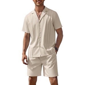 COOFANDY Mens 2 Piece Short Set Guayabera Button Down Shirt Casual Outfits(Beige)