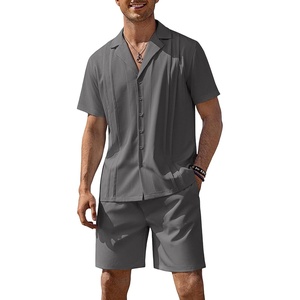COOFANDY Mens 2 Piece Short Set Guayabera Button Down Shirt Casual Outfits(Dark Grey)