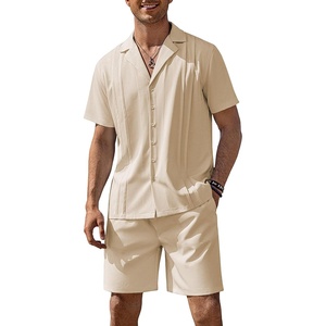 COOFANDY Mens 2 Piece Short Set Guayabera Button Down Shirt Casual Outfits(Khaki)