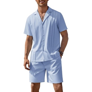COOFANDY Mens 2 Piece Short Set Guayabera Button Down Shirt Casual Outfits(Light Blue)