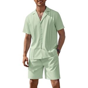 COOFANDY Mens 2 Piece Short Set Guayabera Button Down Shirt Casual Outfits(Light Green)