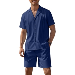 COOFANDY Mens 2 Piece Short Set Guayabera Button Down Shirt Casual Outfits(Navy Blue)